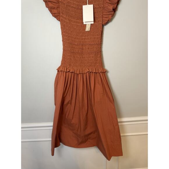 ULLA JOHNSON Madeline Smocked Cotton Midi Dress Brown Pockets Size 0 NWT $595 - Picture 5 of 16